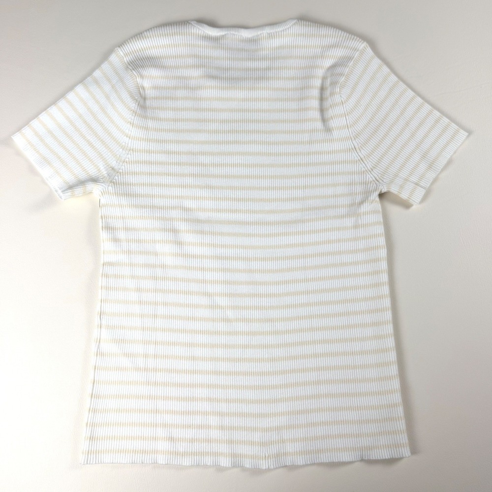 DKNY Jeans Womens LP White Tan Striped Ribbed Knit Short Sleeve Top NWT - Picture 2 of 11